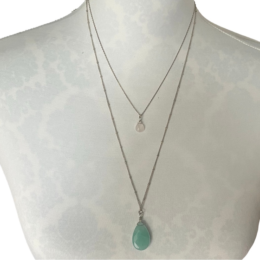 Layered Silver Necklace with Tiered Green and Pale Pink Gemstone Pendants